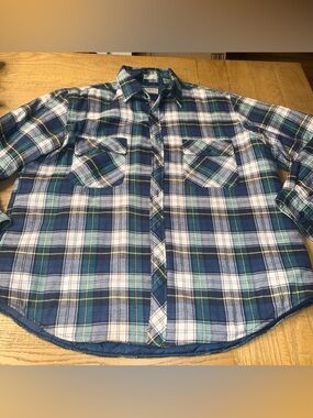 Vintage Outreach Mens Quilted Green Blue White Flannel Button Jacket XL